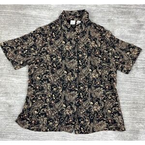 Emma James Top Womens 18W Black Brown Floral Sheer Shortsleeve Blouse Button Up